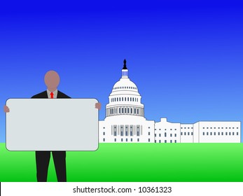 man with blank sign outside Capitol Building Washington DC