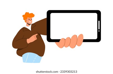 Mann mit leerem Smartphone-Konzept. Junge Leute mit Handy in der Hand. Werbung, Marketing und Handel. Vorlage und Muster. Cartoon-FlachVektorgrafik einzeln auf weißem Hintergrund