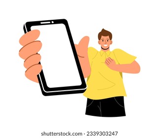 Hombre con el concepto de pantalla de smartphone en blanco. Joven con el teléfono en la mano. Comercio electrónico y comercialización. Afiche o pancarta. Dibujo vectorial plano de dibujos animados aislado en fondo blanco