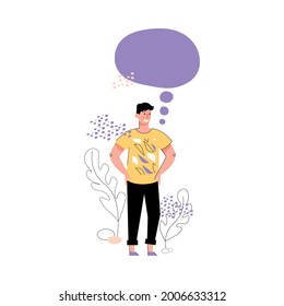 Man with blank thought bubble template floating above his head smiling isolated on white background with leaves. Cartoon person thinking - flat vector illustration.