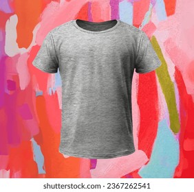 Man Blank T-shirt Mockup, Clean Unisex Fashion Shirt, Men Grey Tshirt Outfit Template, Realistic Font 3D Clothes, Male Cloth on Colorful Background