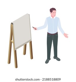 Man with blank white board speaking at business meeting 3d isometric vector illustration