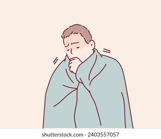 A man in a blanket is sick. Coughing young man. Hand drawn style vector design illustrations.