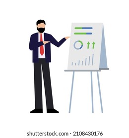 Man in blazer, office worker points to data chart with hand, tells report, business model training. Isolated on white background. Vector illustration