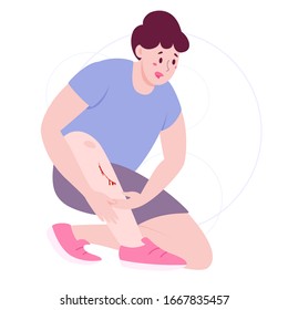 Man with bleeding wound on the knee. Deep scratch on his leg. Young man with painful sport injury. Vector illustration in cartoon style