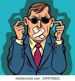 Man Blind Deaf Censorship. Comic Cartoon Pop Art Retro Drawing Illustration
