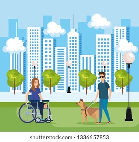 man blind with dog and woman sitting in wheelchair