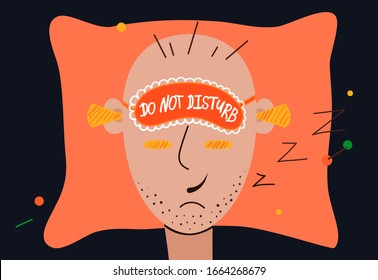 Man with blindfold lies on the bed. Cartoon male character with earplugs and sleep mask. On the mask text Do Not Disturb. Smiling bald man with head on pillow. Vector colorful illustration.