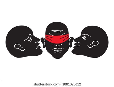 A man with a blindfold and silhouettes of other faces.