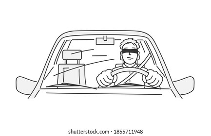 Man blindfolded driving. Hand drawn vector illustration.