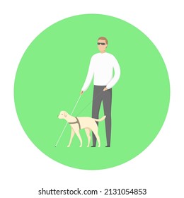 Man with blindness walking with guide dog. Vector illustration.