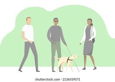 Mann mit Blindheit, der mit dem Blindenhund spaziert. Vektorgrafik.