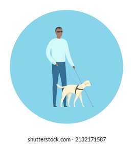 Man With Blindness Walking With Seeing Eye Dog. Vector Illustration.