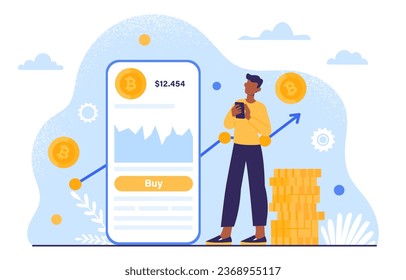 Hombre con el concepto de tecnología blockchain. Joven cerca del smartphone con criptodivisa. Economía, inversión y comercio. Comerciante con bitcoines cerca del teléfono. Dibujo vectorial plano de dibujos animados