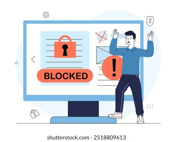 Man with blocked account. Young guy near computer with red warning signs. Security of personal data. Banned user in social networks. Linear vector illustration isolated on white background