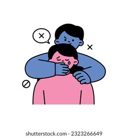 A man is blocking a woman's mouth and preventing her from speaking. outline simple vector illustration.