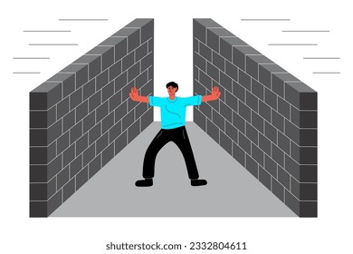 El hombre bloquea las paredes de ambos lados. Concepto de lucha, resistencia, presión desde afuera, resolución de problemas, libertad. Ilustración vectorial plana sobre fondo blanco.