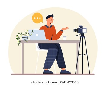 Man with blog concept. Young guy sits in front of camera and records video. Talented character creates interesting social media content. Blogger and vlogger. Cartoon flat vector illustration