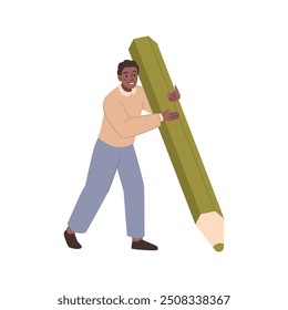 Man blogger or cartoon writer holding big pencil, vector character in flat style. Small person with big green pencil, journalist or interviewer, draftsman or author, screenwriter or copywriter