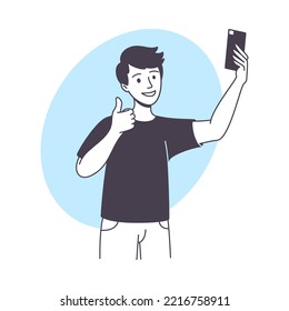 Man Blogger Character with Smartphone Showing Thumb Up Vector Illustration