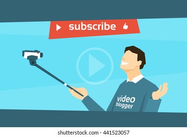 Man Blogger Hold Camera Selfie Stick Shooting Selfie Video Blog Flat Vector Illustration