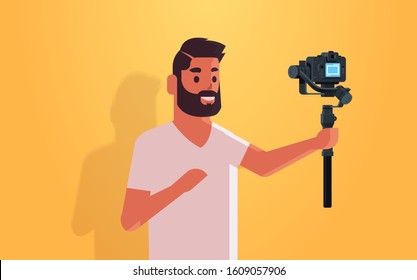 man blogger holding stabilizer with camera live streaming broadcast social media networking concept streamer recording video taking selfie photo portrait horizontal vector illustration