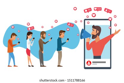 Man Blogger with megaphone stand at smartphone. Blogger promotion services and goods for his followers online. Cartoon flat vector illustration EPS10