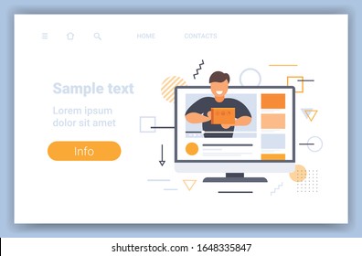 man blogger opening parcel box recording unboxing video blogging mail delivery live streaming concept computer monitor screen online player copy space horizontal portrait vector illustration