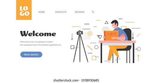 man blogger opening parcel box recording unboxing video with camera on tripod blogging mail delivery concept copy space horizontal full length