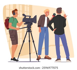 Man blogger with professional videographer filming live interview on city streets scene. Teenagers making video content for vlog or blog in social media talking to businessman vector illustration