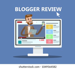 Man blogger review. Techno blogger showing last device.