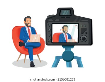 Man Blogger Tells something in front of camera. Vlogger Speaks and telling usefull information.