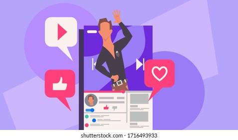 Man blogger vector illustration communication internet. Online blog on smartphone concept social mobile network. Review for like video content live streaming user. Phone vlog stream discussion speech