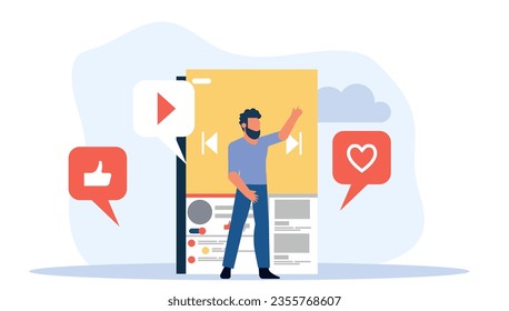 Man blogger vector illustration communication internet. Online blog on smartphone concept social mobile network. Review for like video content live streaming user. Phone vlog stream discussion speech