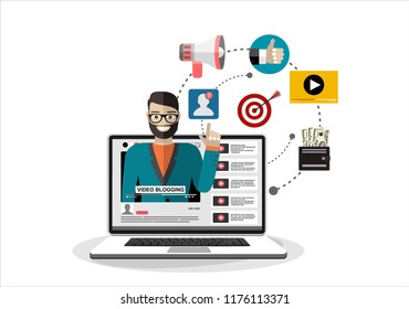 Man blogger. Video computer blogging concept. Flat vector illustration