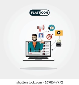 Man blogger. Video computer blogging concept. Flat vector illustration