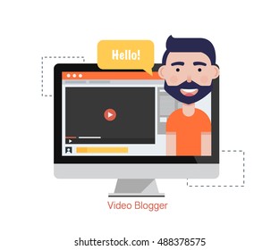 Man Blogger Video Computer. Concept blogging.Digital blog. Flat Vector Illustration