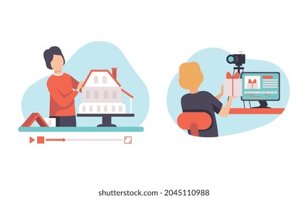 Man Blogger or Vlogger Making Photo and Video Content for Web Channel Vector Set