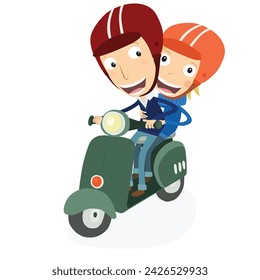 Man and blonde boy driving a scooter. Vector Illustration.