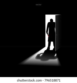 A Man With A Bloody Knife Standing In The Doorway. Armed Robbery. Ruthless Assassin. Killer. VECTOR Illustration