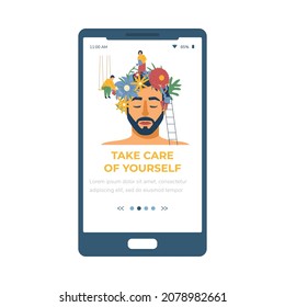Man with blooming flowers on the head as symbol of psychological help and self care or love, flat vector illustration. App or user interface with mental health problems awareness.