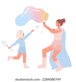Juego de soplo masculino con globos gigantes de burbuja de jabón en fiesta de espuma ilustración aislada de cartografía plana vectorial