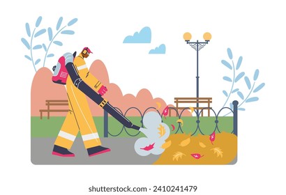 Man with blower cleanup autumn city park. Janitor in uniform using machine blows out fallen leaves. Cartoon street cleaner worker service. Garbage man working. Flat vector illustration isolated