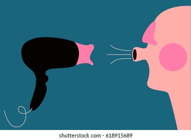 Man blowing at blow dryer. Vector illustration.