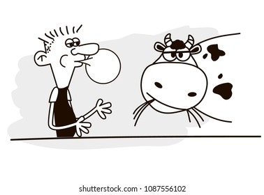 Man blowing a bubble with his chewing gum. Man and cow. Funny vector. Bad habits.