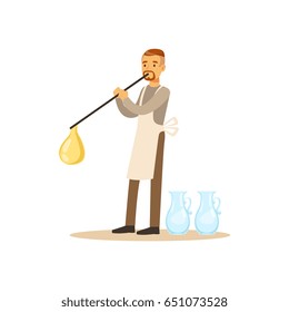 Man Blowing Glass Vessel, Glass Blower Craft Hobby Or Profession Colorful Character Vector Illustration