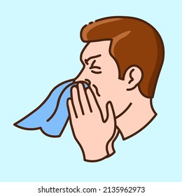 Man, blowing his nose in a napkin. A runny nose caused by a cold, a virus, or a seasonal allergy. Collection of color icons on blue backgroundon the theme of medical tools and healthcare diagnostics.