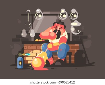 Man blowing hot glass flasks and containers. Vector flat illustration