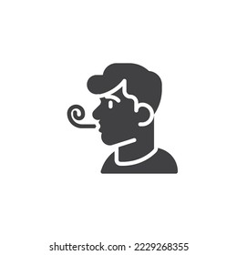 Man blowing a party horn vector icon. filled flat sign for mobile concept and web design. Man with party blower glyph icon. Symbol, logo illustration. Vector graphics