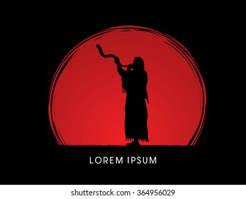 A Man Blowing the shofar  , designed on sunset background graphic vector.